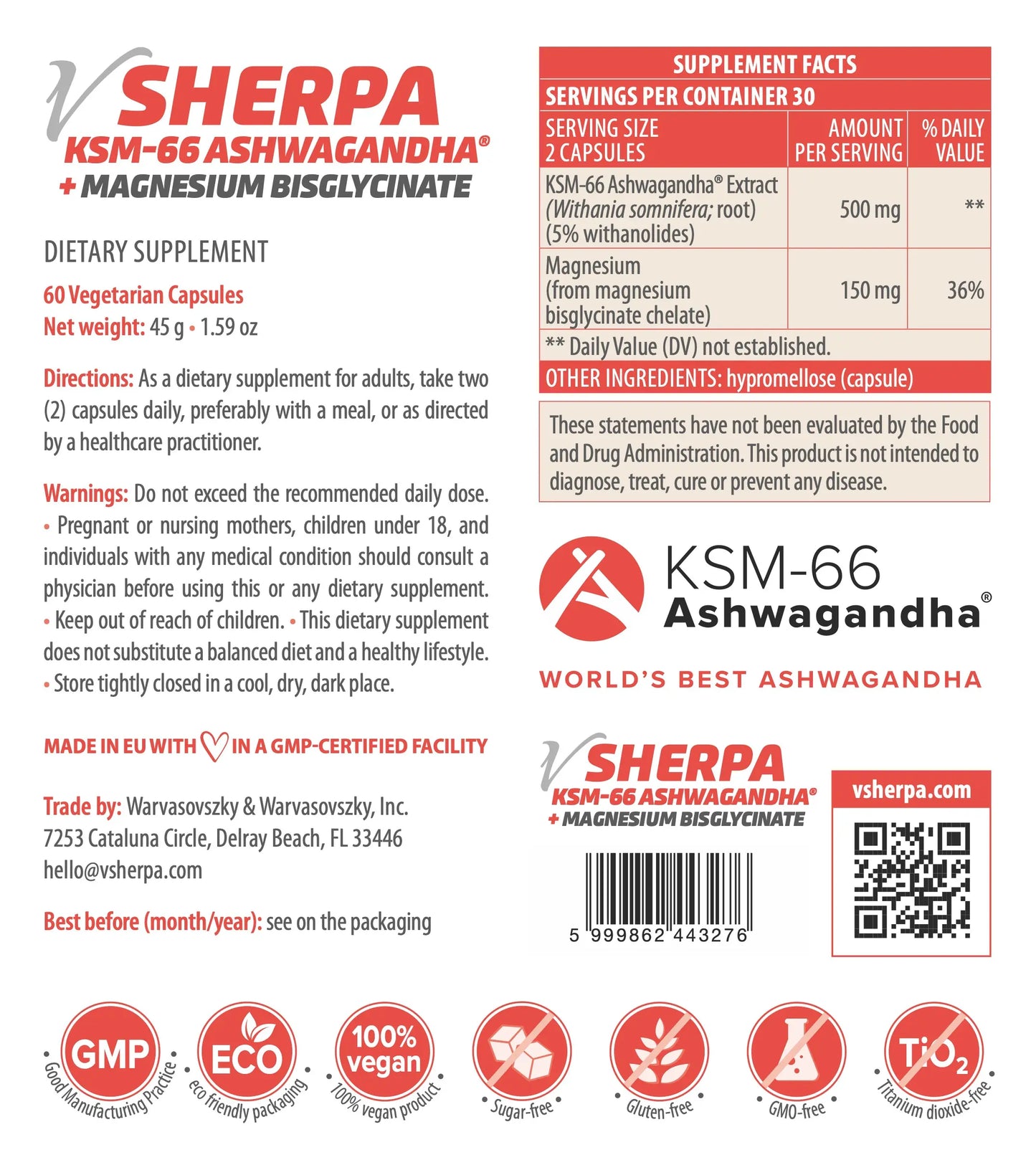 vSherpa KSM-66 Ashwagandha + Magnesium Bisglycinate Dietary Supplement