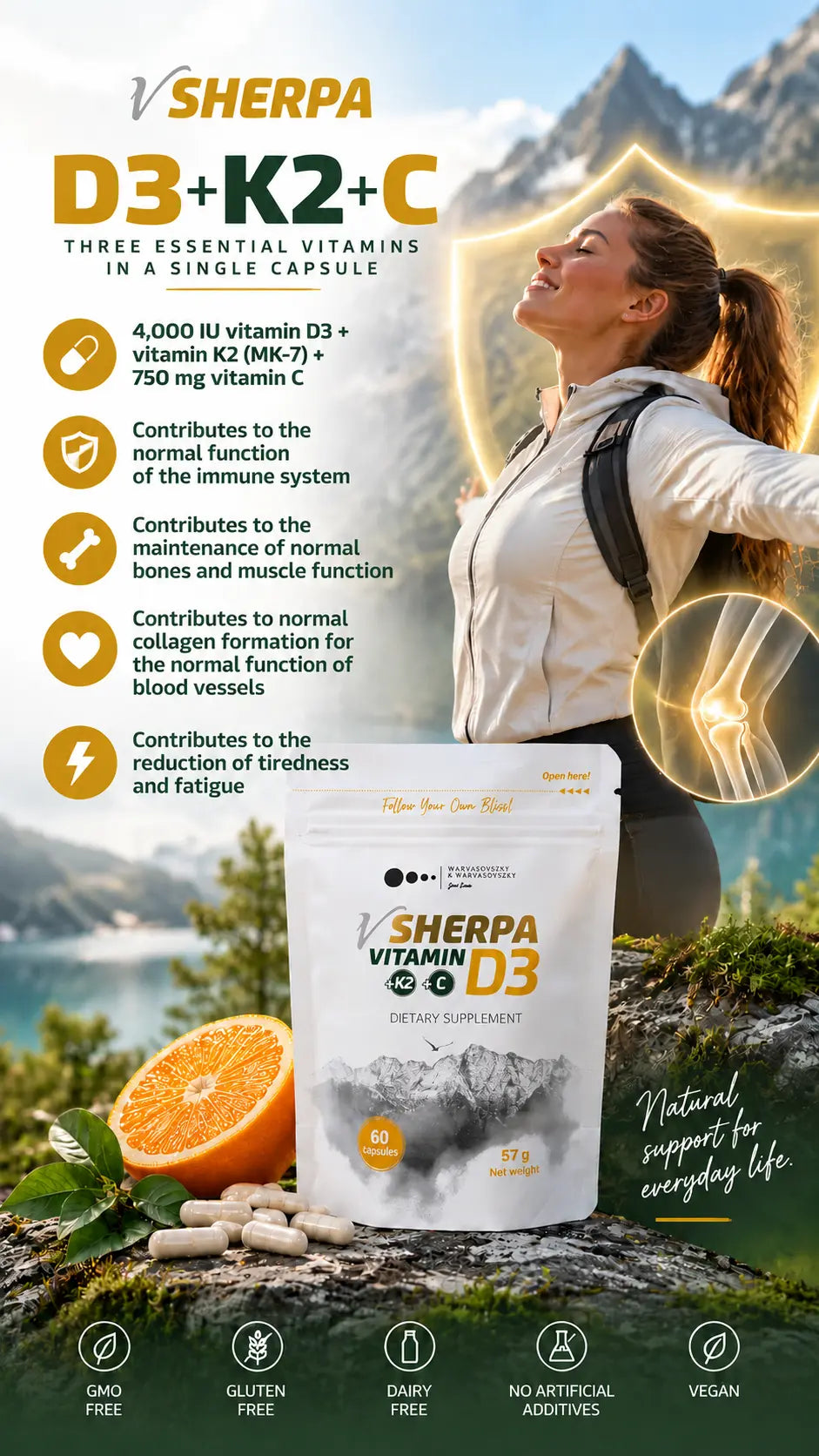 vSherpa Vitamin D3 + K2 + C Kosttillskott