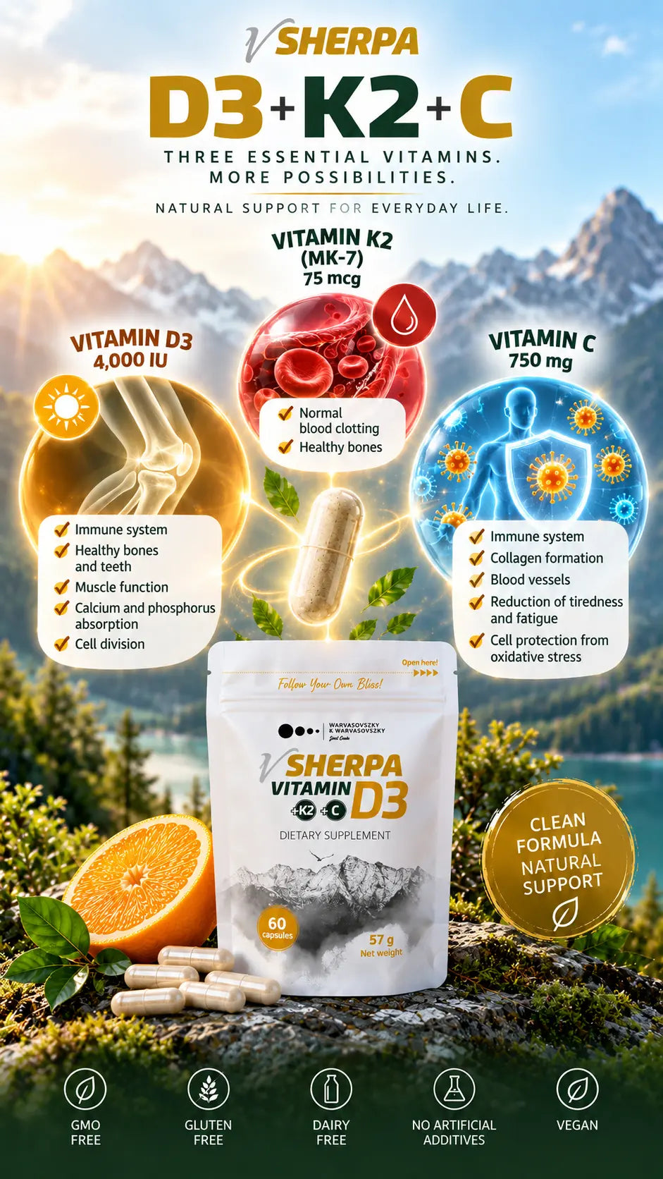 vSherpa Vitamin D3 + K2 + C Kosttillskott