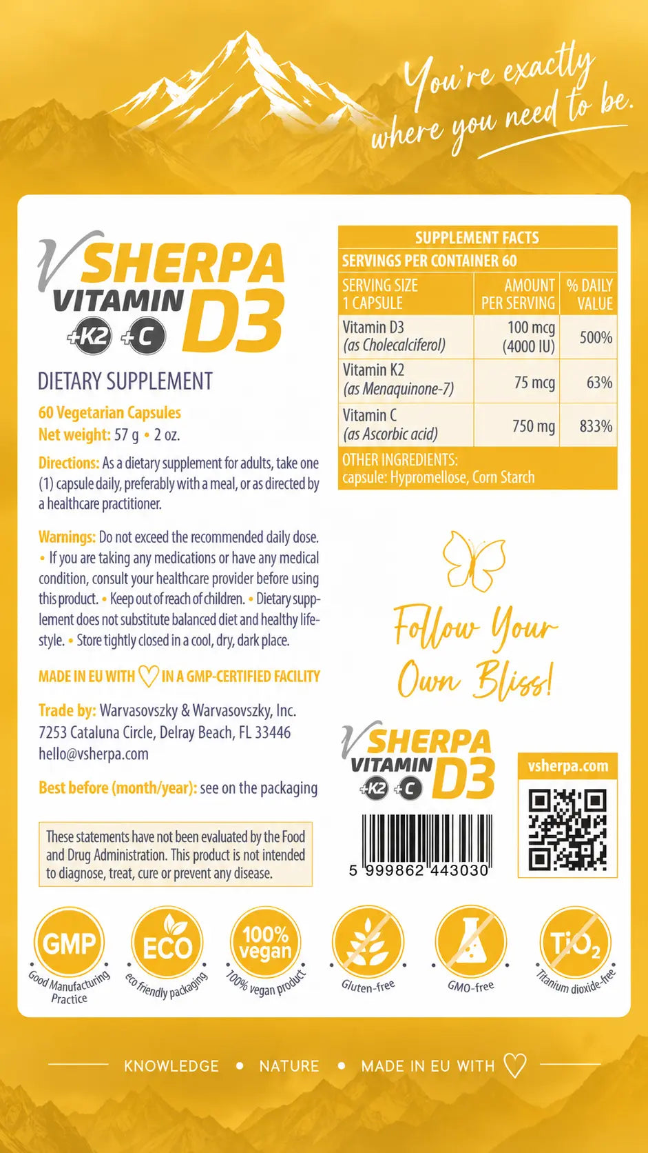 vSherpa Vitamin D3 + K2 + C Kosttillskott