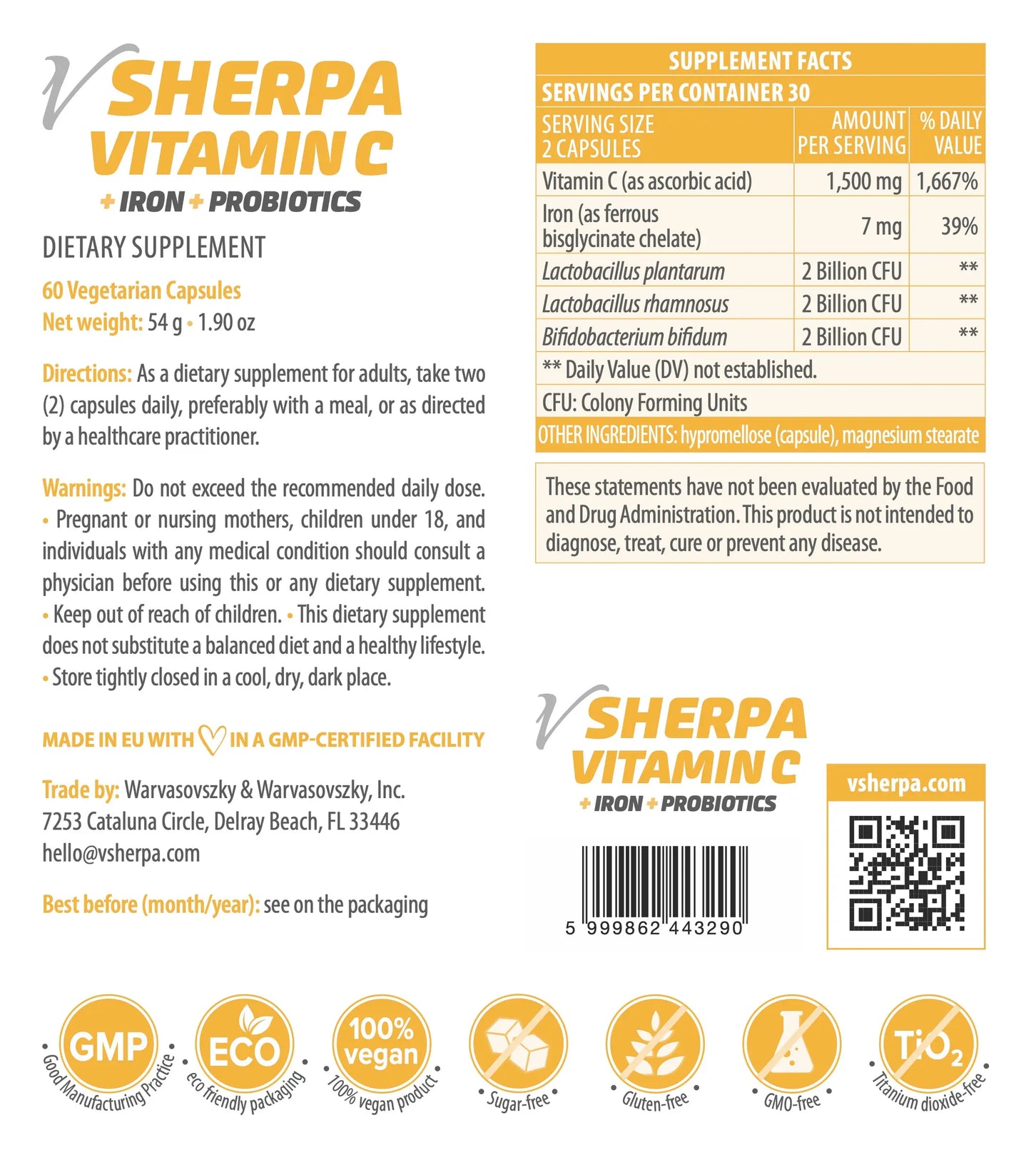 vSherpa Vitamin C + Iron + Probiotics Dietary Supplement