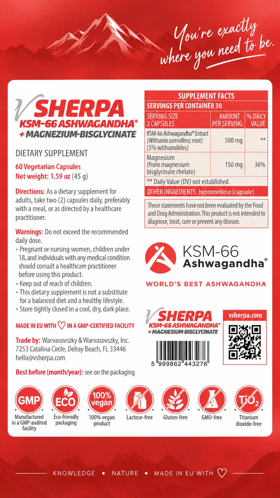 vSherpa KSM-66® Ashwagandha + Magnesium Bisglycinate Dietary Supplement