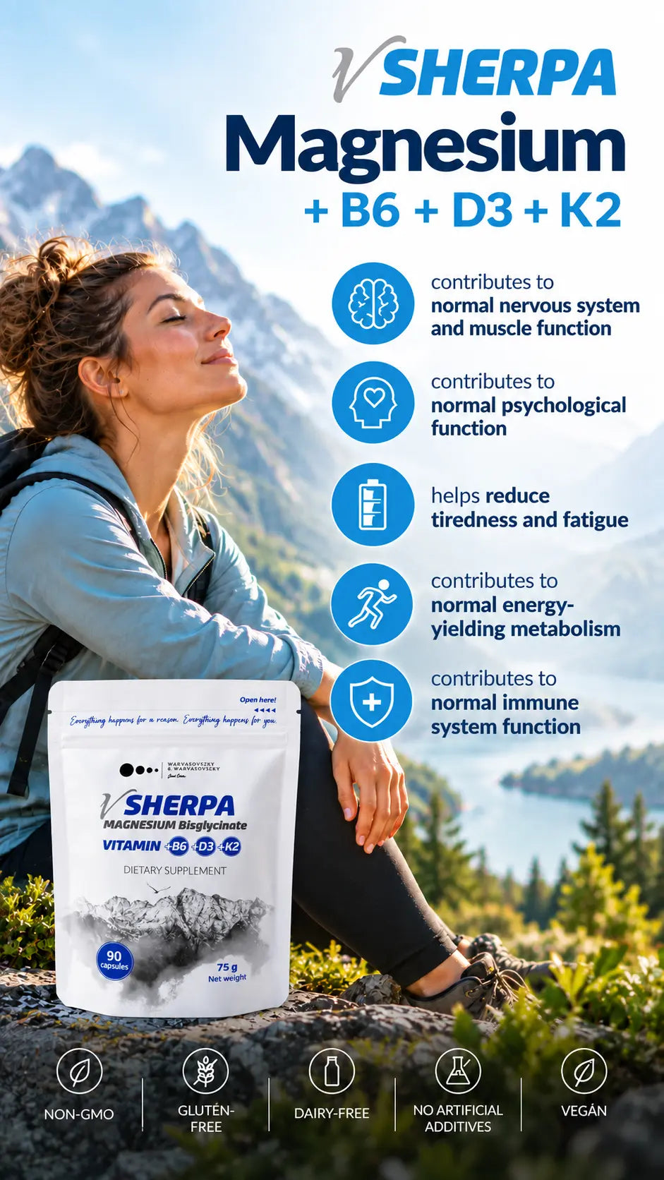 vSherpa Magnesium Bisglycinate + Vitamins B6, D3 & K2 Dietary Supplement