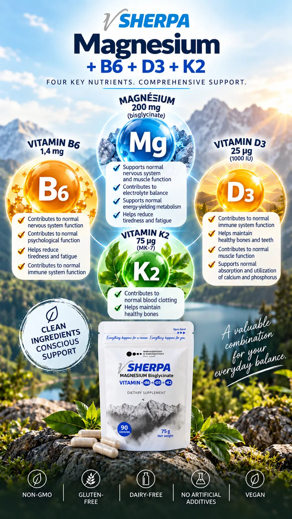 vSherpa Magnesium Bisglycinate + Vitamins B6, D3 & K2 Dietary Supplement