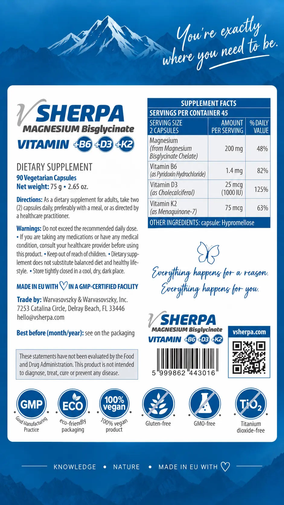 vSherpa Magnesium Bisglycinate + Vitamins B6, D3 & K2 Dietary Supplement