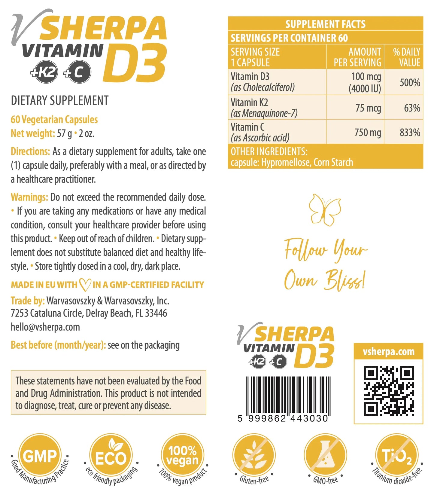 vSherpa Vitamin D3 + K2 + C Dietary Supplement