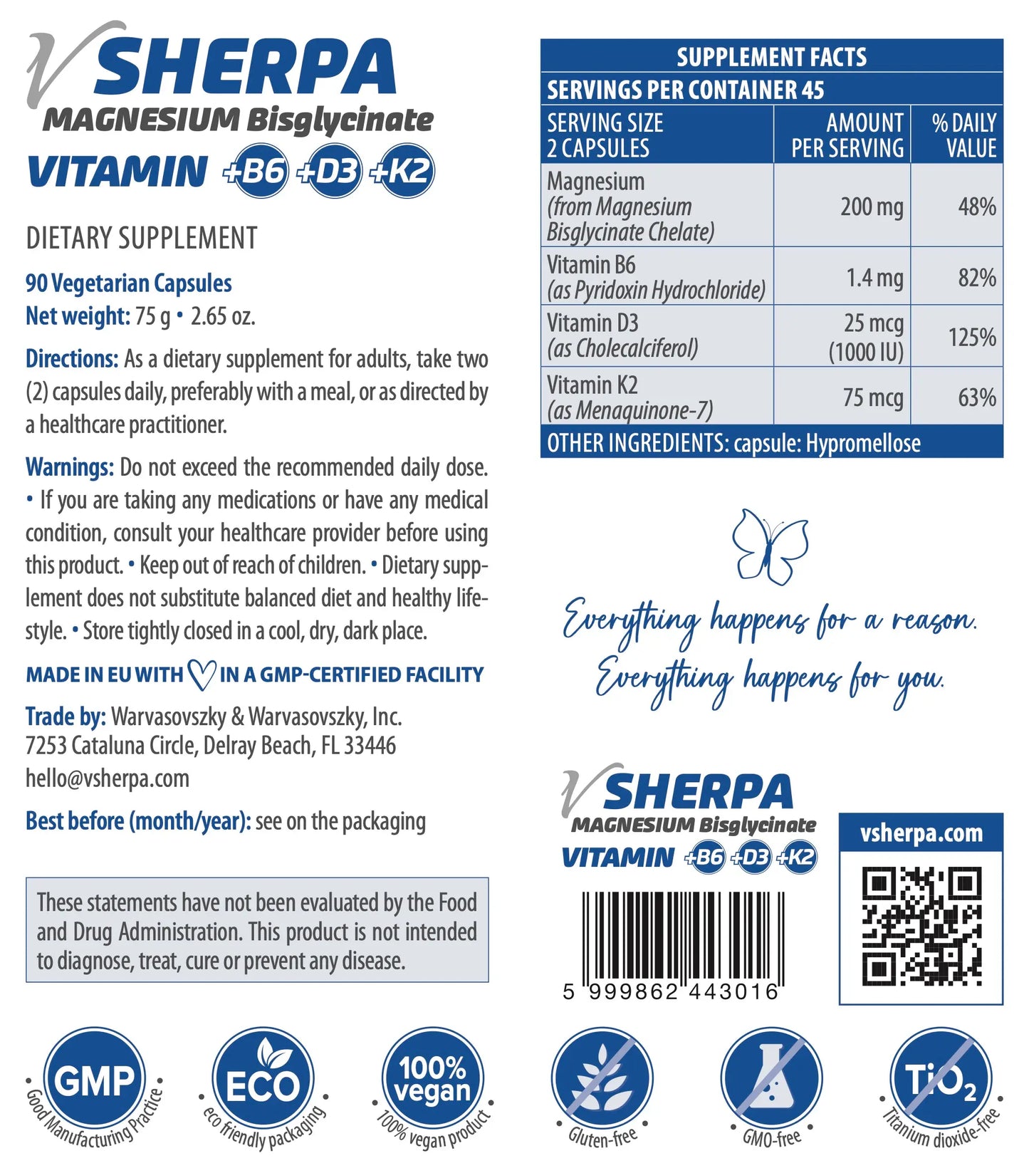 vSherpa Magnesium Bisglycinate + Vitamin B6 + D3 + K2 Dietary Supplement