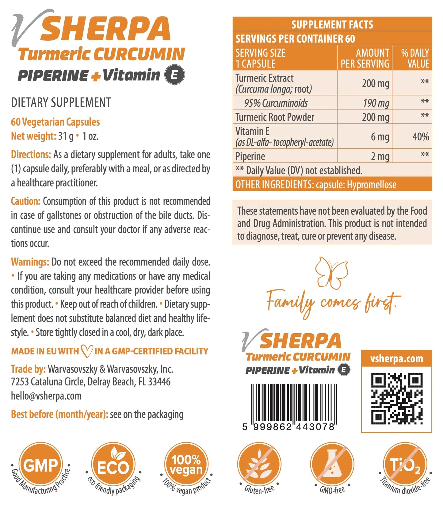 vSherpa Turmeric Curcumin + Piperine + Vitamin E Dietary Supplement